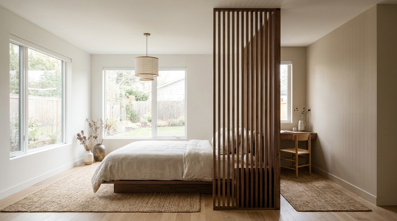 Wood Slat Dividers for Bedroom Zoning: Separating Sleep, Work, and Storage Without Full Walls