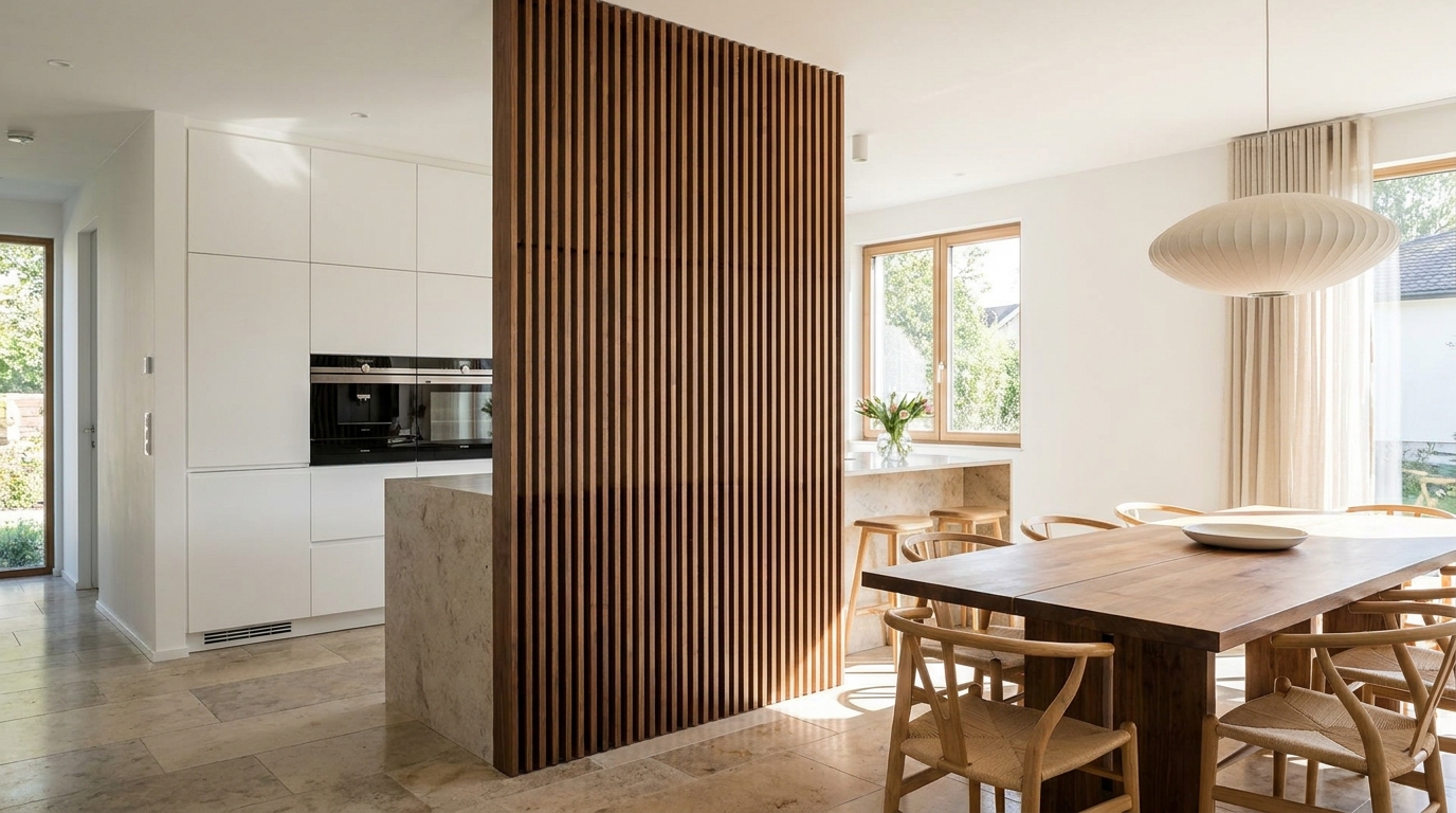 Wood Slat Dividers for Kitchen and Dining Rooms: Zoning Without Closing Off the Space