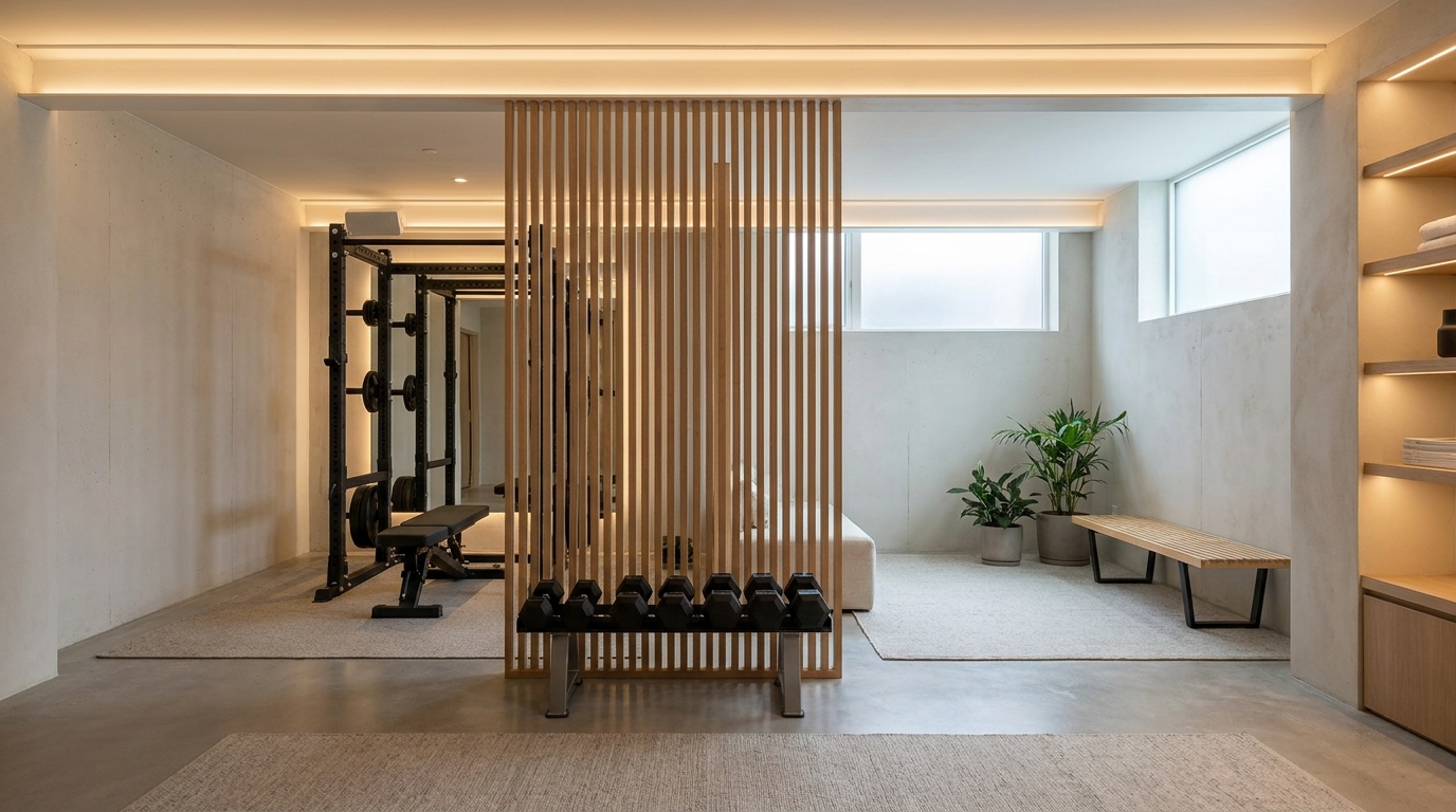 Wood Slat Dividers for a Home Gym: Zoning a Dedicated Fitness Space Without Full Walls