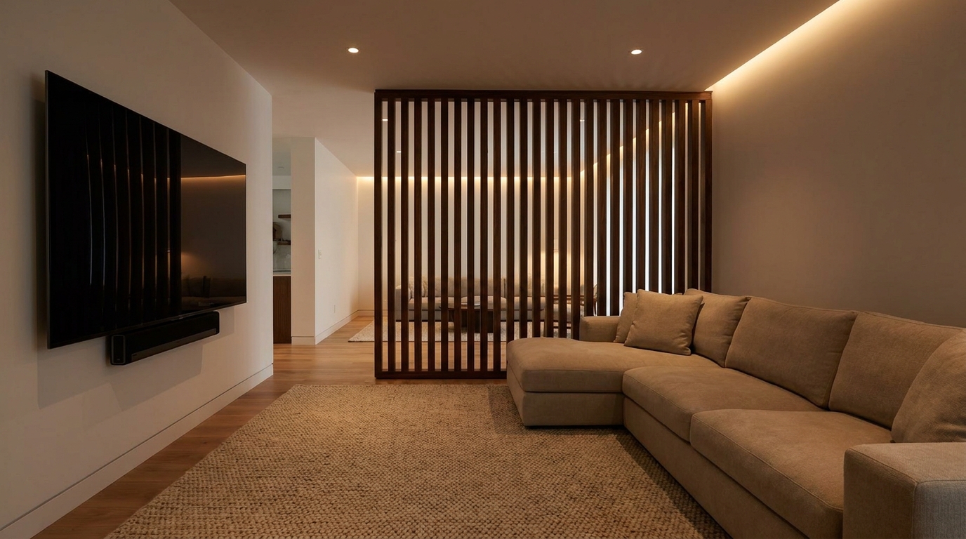 Wood Slat Dividers for a Home Theater or Media Room: Zoning the Space Without a Wall