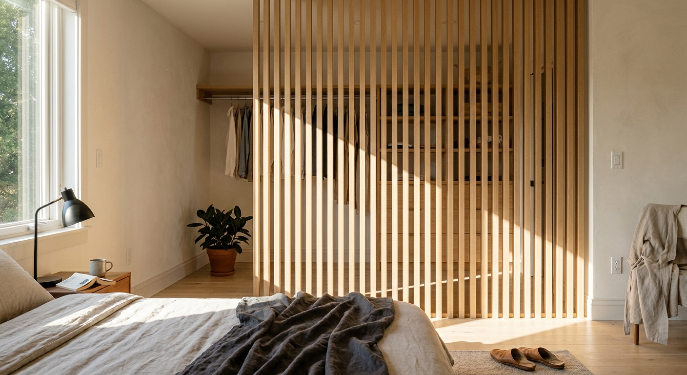 Wood Slat Closet Dividers: How to Screen a Dressing Area Off the Primary Bedroom