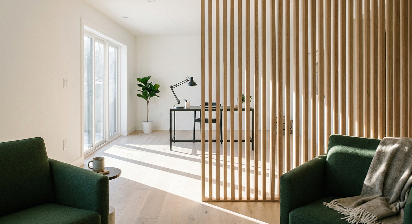 Wood Slat Basement Room Dividers: Zoning a Finished Lower Level Without Building Walls