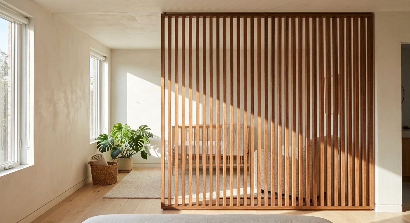 Carving Out a Nursery: How a Wood Slat Divider Creates a Sleep Zone in a Shared Bedroom